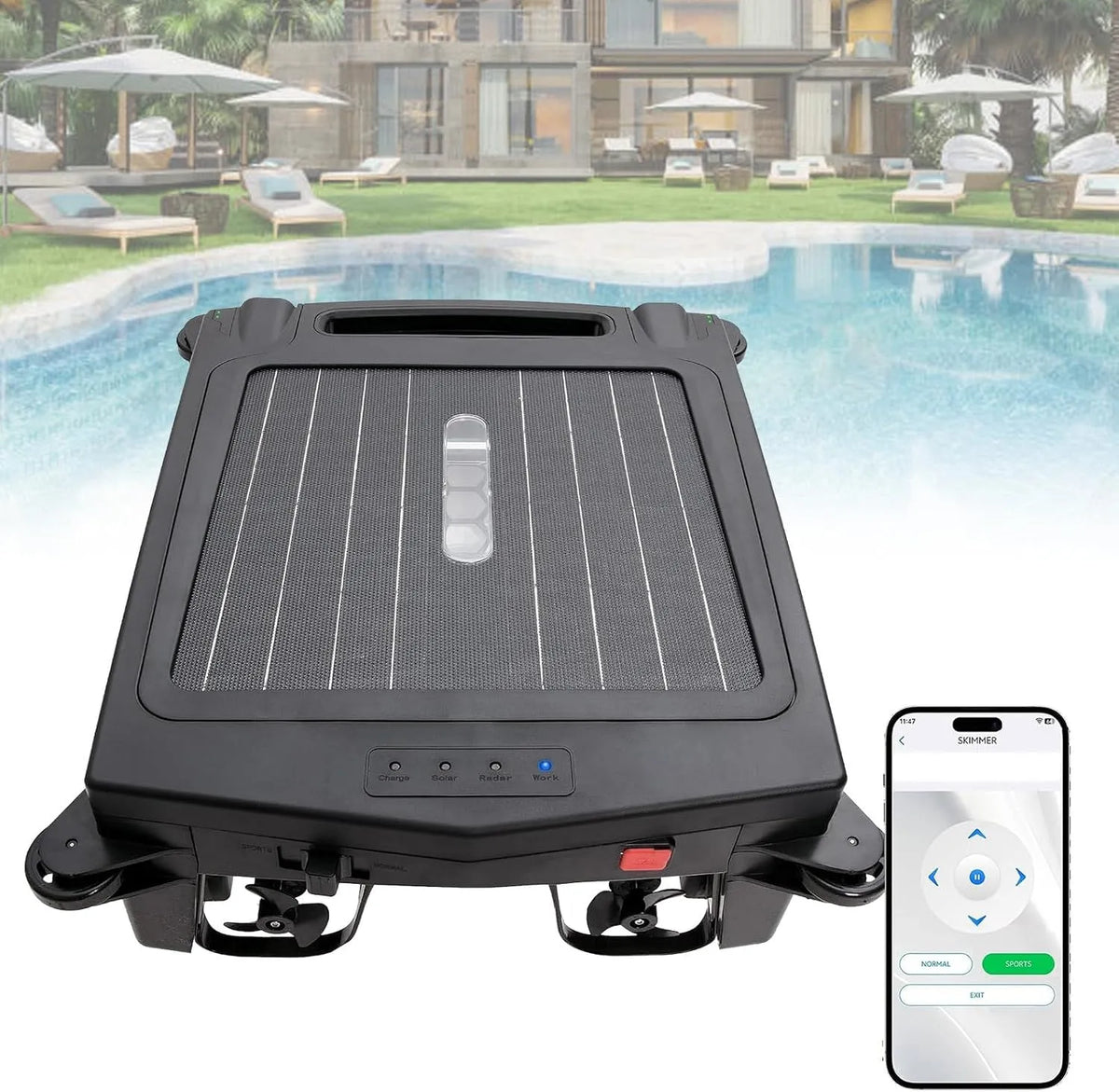 Zwembadrobot met op accu, app-bediening, draadloze werking, zonne-energie, obstakelvermijding en twee laadmogelijkheden