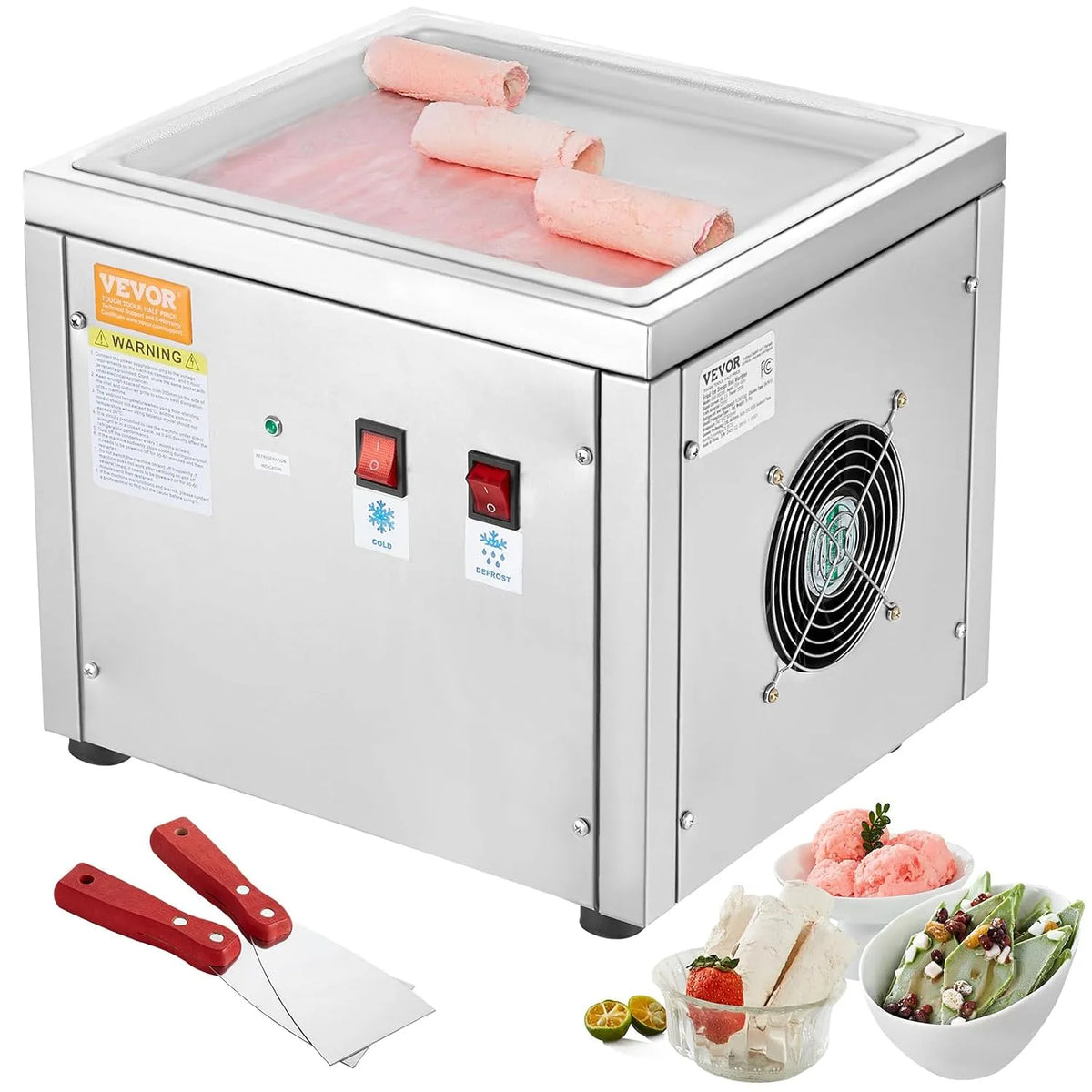 Machine met ijsmachine met compressor en 2 schrapers, voor het maken van ijs, 28 x 24 x 2 cm, pan voor het frituren van ijs en bevroren yoghurt