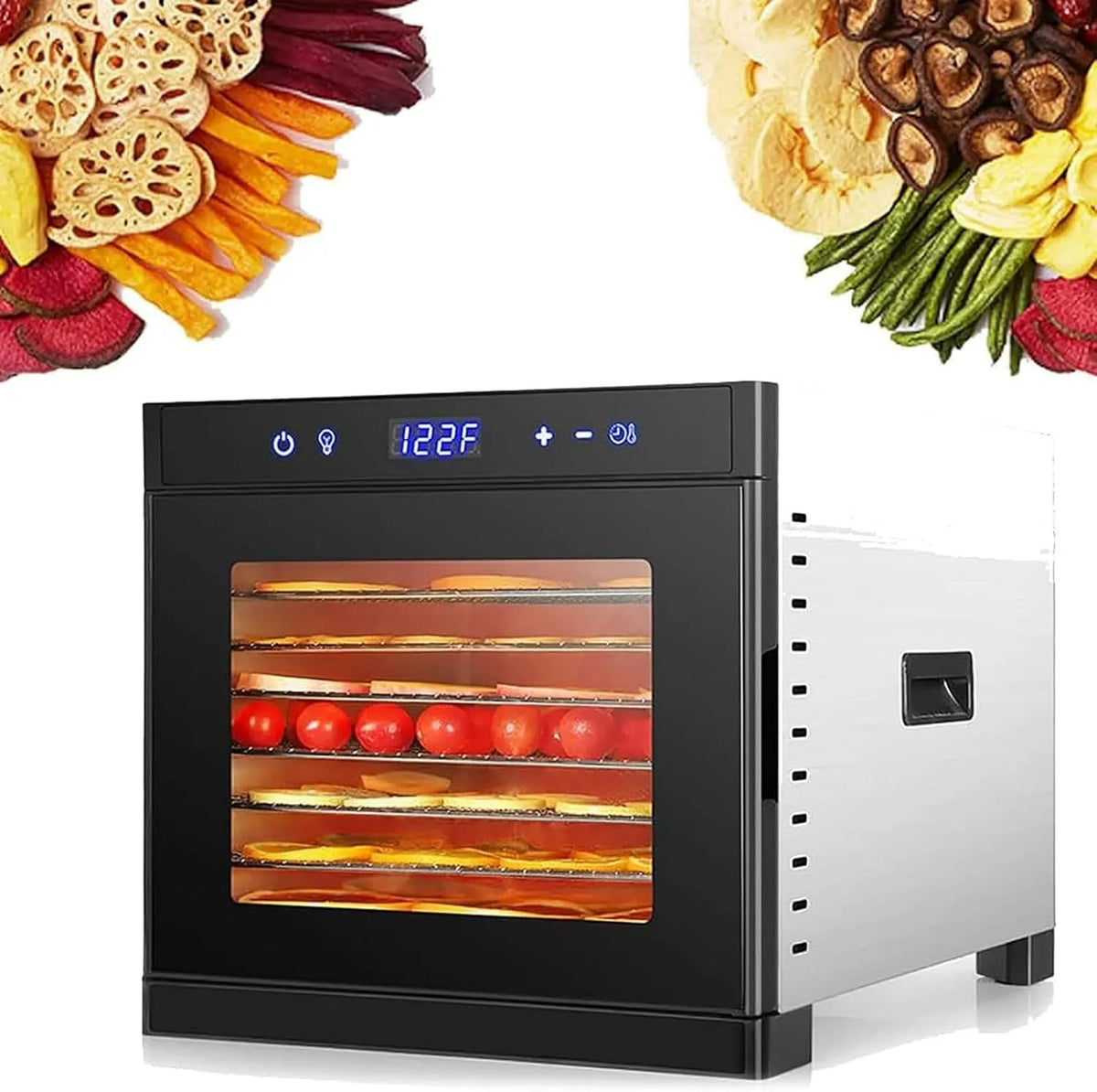Droger met timer, 24 uur, 30 minuten, 75°C, regelbare thermostaat, RVS en gerichte luchtcirculatie