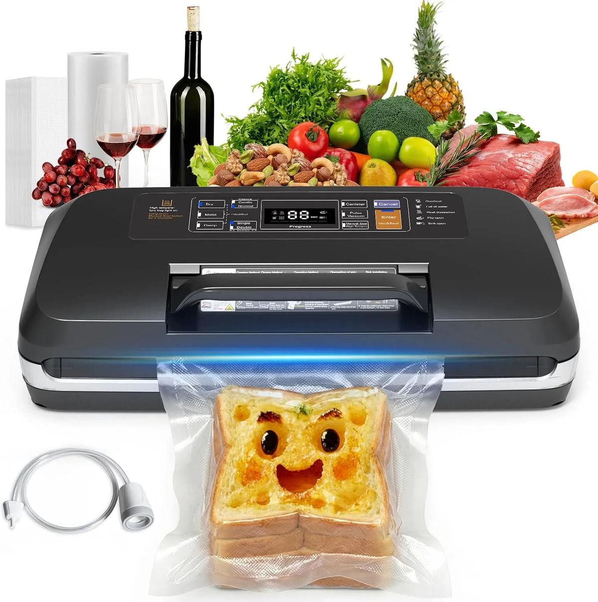Vacuümsealer met 95 kPa, 12-in-1, 28 x 300 cm, 20 seconden, 230 W en digitaal display