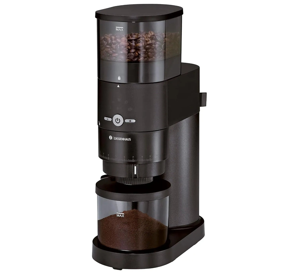 Molen, maalgraad in 10 niveaus, zwart, aromabeschermingsdeksel en opvangbak, geluidsarme koffiemolen