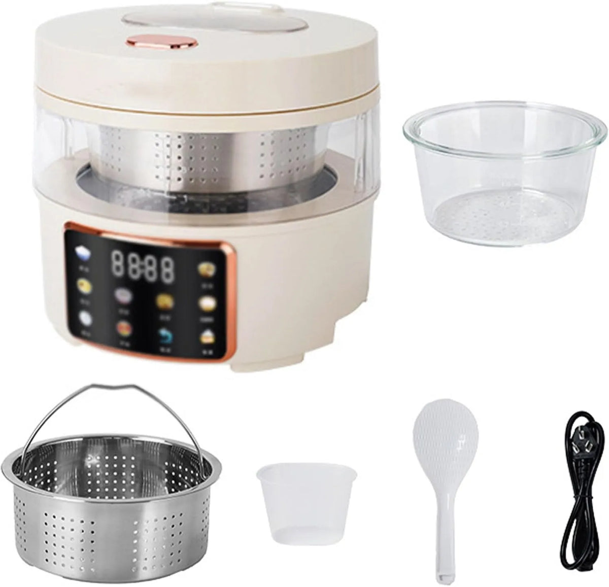 Compacte 2.5L rijstkoker met digitale bediening, automatische filtermand, 400 W glazen pot