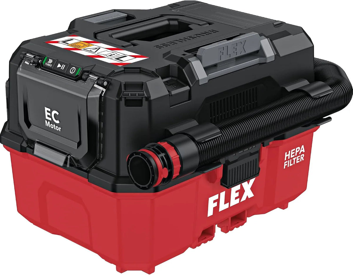Nat- en droogzuiger, FLEX Accustofzuiger, 18 V, slanglengte 1,5 m, nat-droogzuiger 534916, klasse L, met handmatige filterreiniging en draaggreep/riem