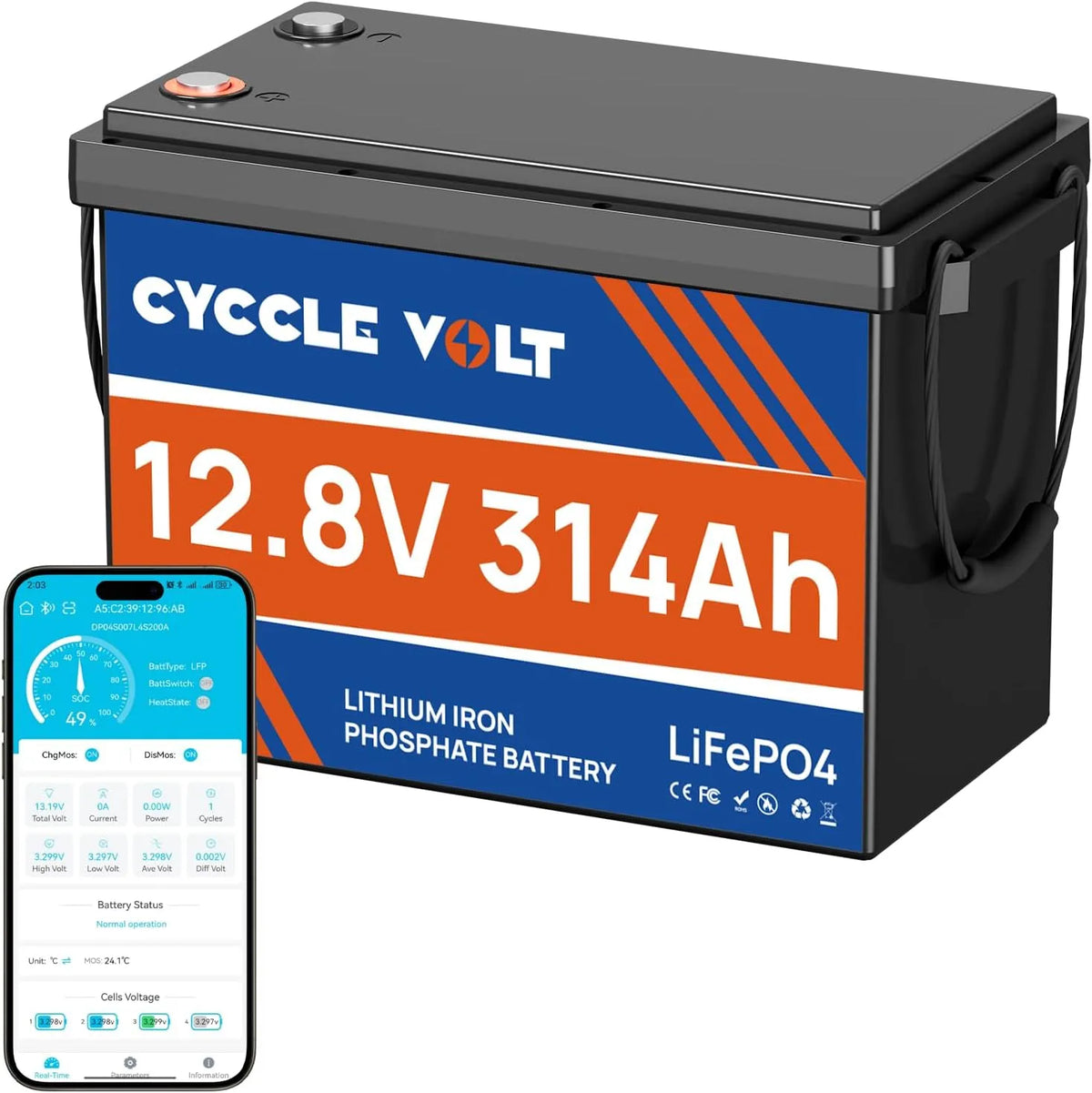 12V 314Ah lithiumbatterij met Bluetooth, 12V 314Ah LiFePO4-accu, CYCCLEVOLT 4019Wh LiFePO4-accu, geïntegreerde 200A BMS, 2560 W uitgangsvermogen, tot
