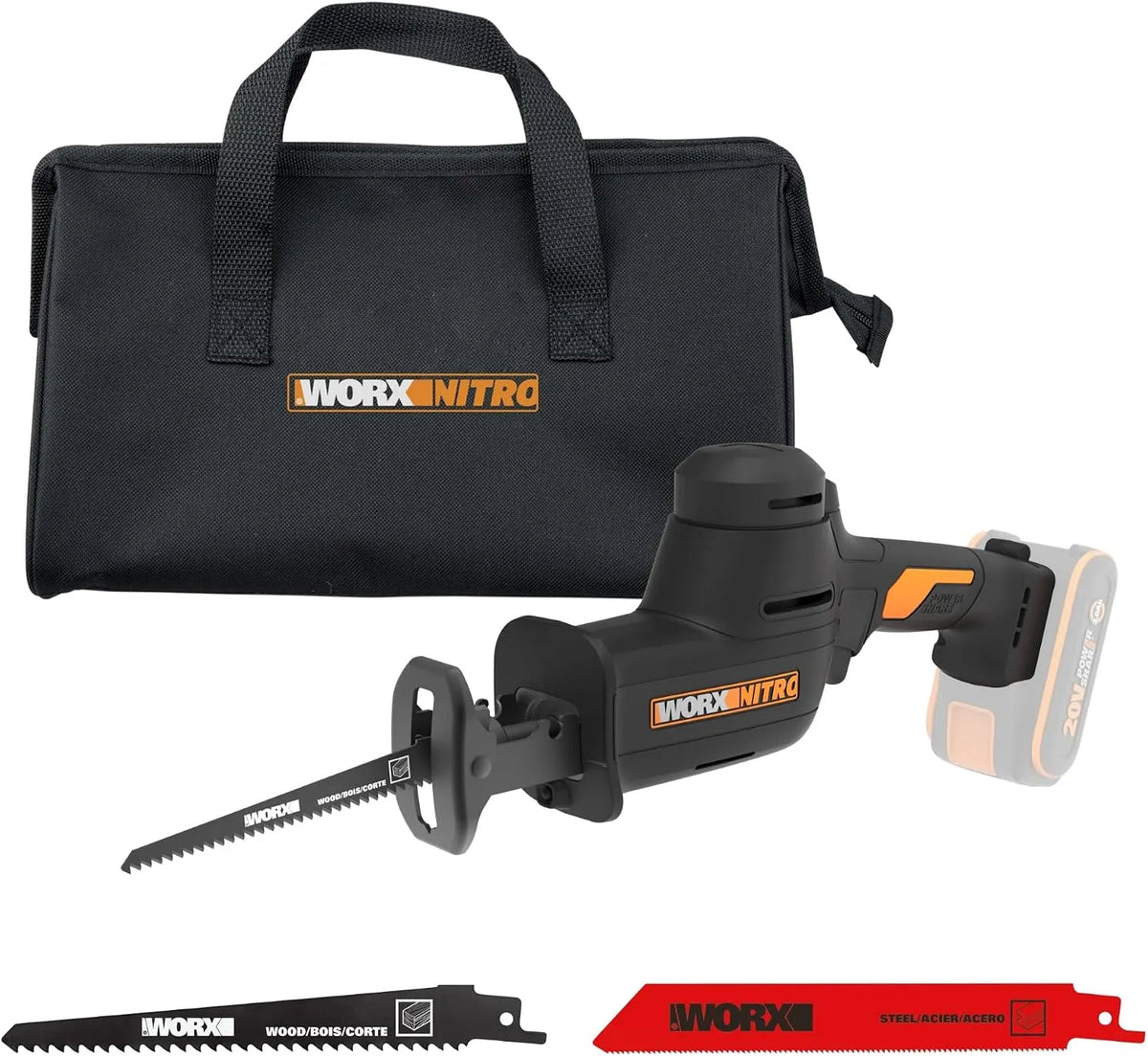 Zaag, WORX WX501.9 WX501.9, 26 mm slaglengte, 0-3000 omw/min stationair toerental, krachtige borstelloze motor, licht en compact, zonder gereedschap