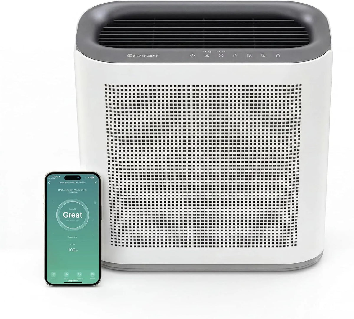 Luchtreiniger met timer, 6 standen, 6 snelheden, app-bediening en HEPA-filter