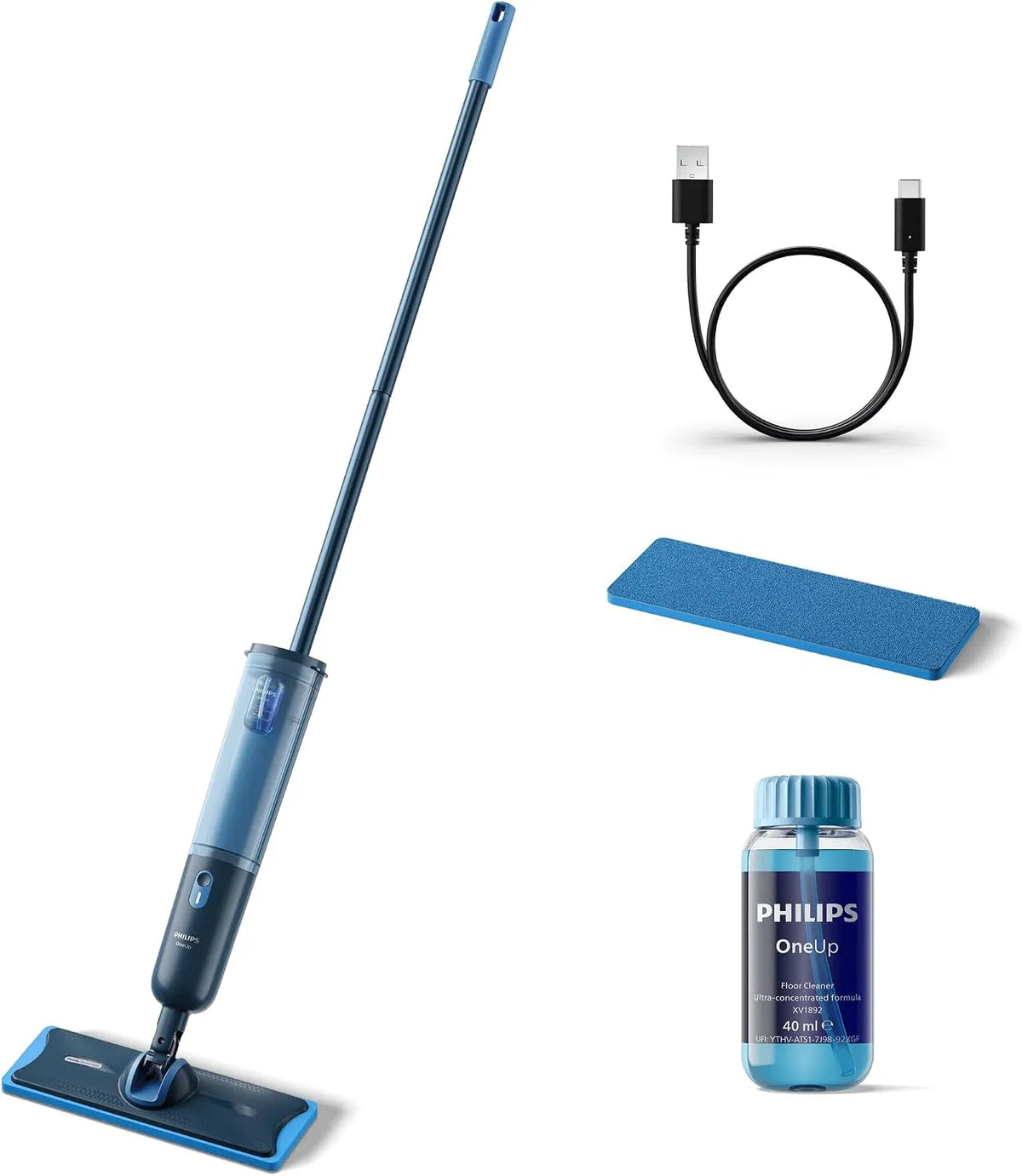 Philips OneUp 3000 serie elektrische dweilmop met USB, draadloze werking, geluidsarme werking en blauw