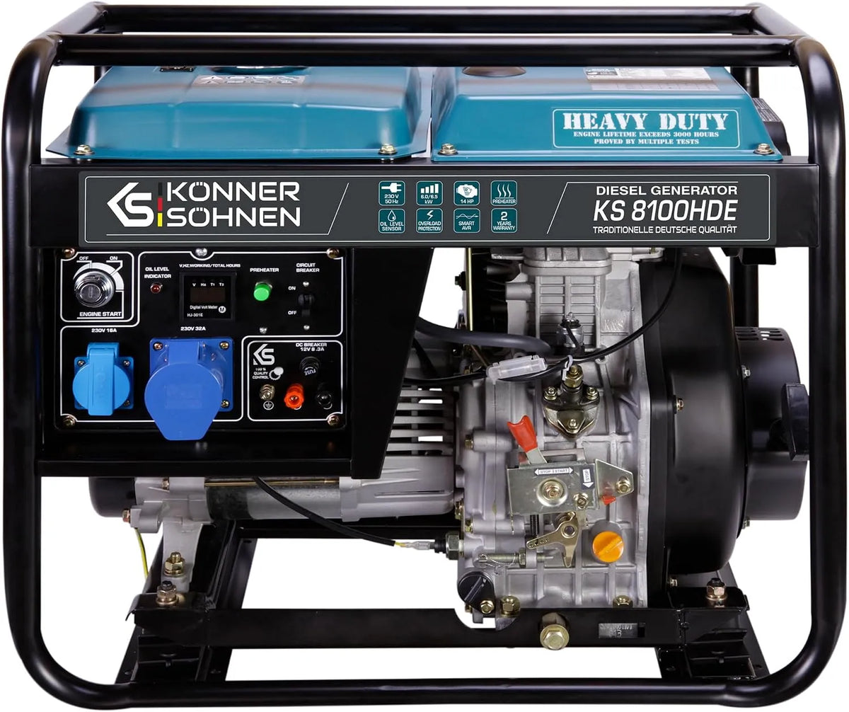 Generator met 14 pk, 230 V, 1 x 16 A, 1 x 32 A, digitaal display en voor bouwplaats en werkplaats