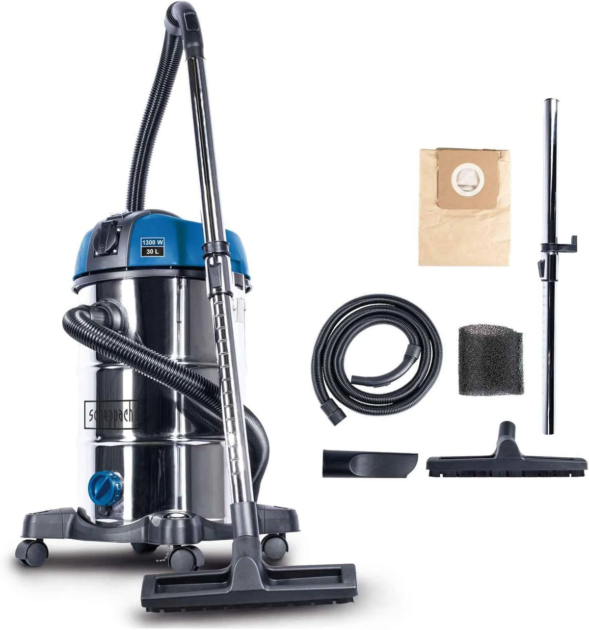 Scheppach Nat- en droogzuiger NTS30 met 1300 W, 20 kPa, 3-in-1, 30 l, 38 mm, HEPA-filter en RVS