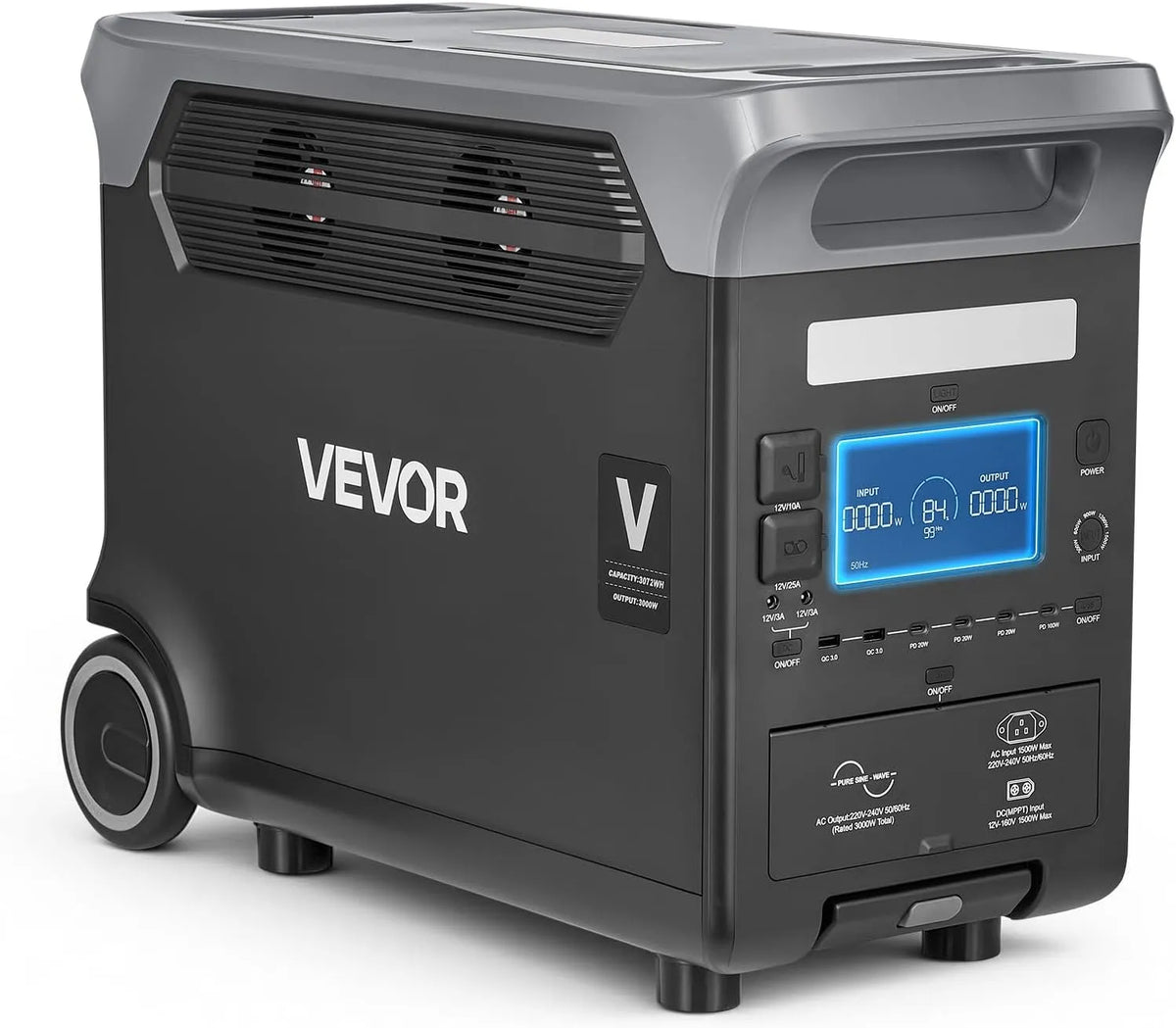 Generator, VEVOR Draagbare LiFePO4, 3072Wh batterij back-up LiFePO4 voor noodgevallen, 13 poorten output, draagbare zonne-generator, kamperen, reizen