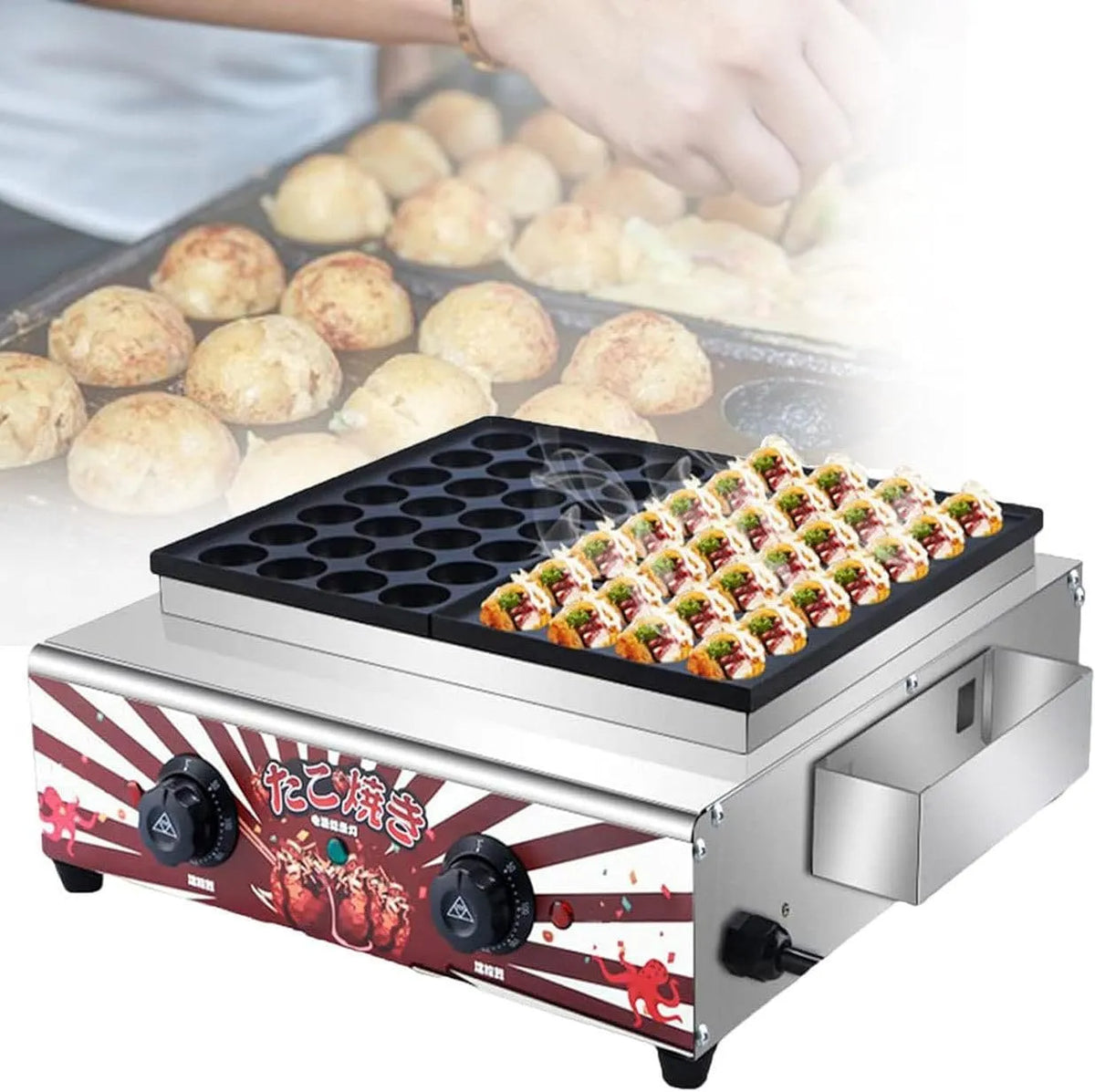 Machine met 33 x 20 x 4CM, 44 x 44 x 14CM en 220-240V, Elektrische Takoyaki-Maker 56 Gaten