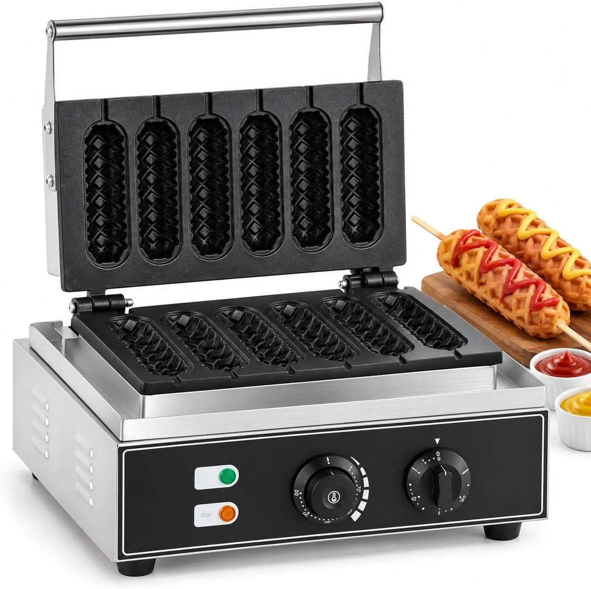 Hotdog Wafelijzer Machine met 14,5 x 4 x 2 cm, 38,5 x 27,5 x 22,5 cm, 50°C, 5 minuten, 50-300°C, timer en RVS