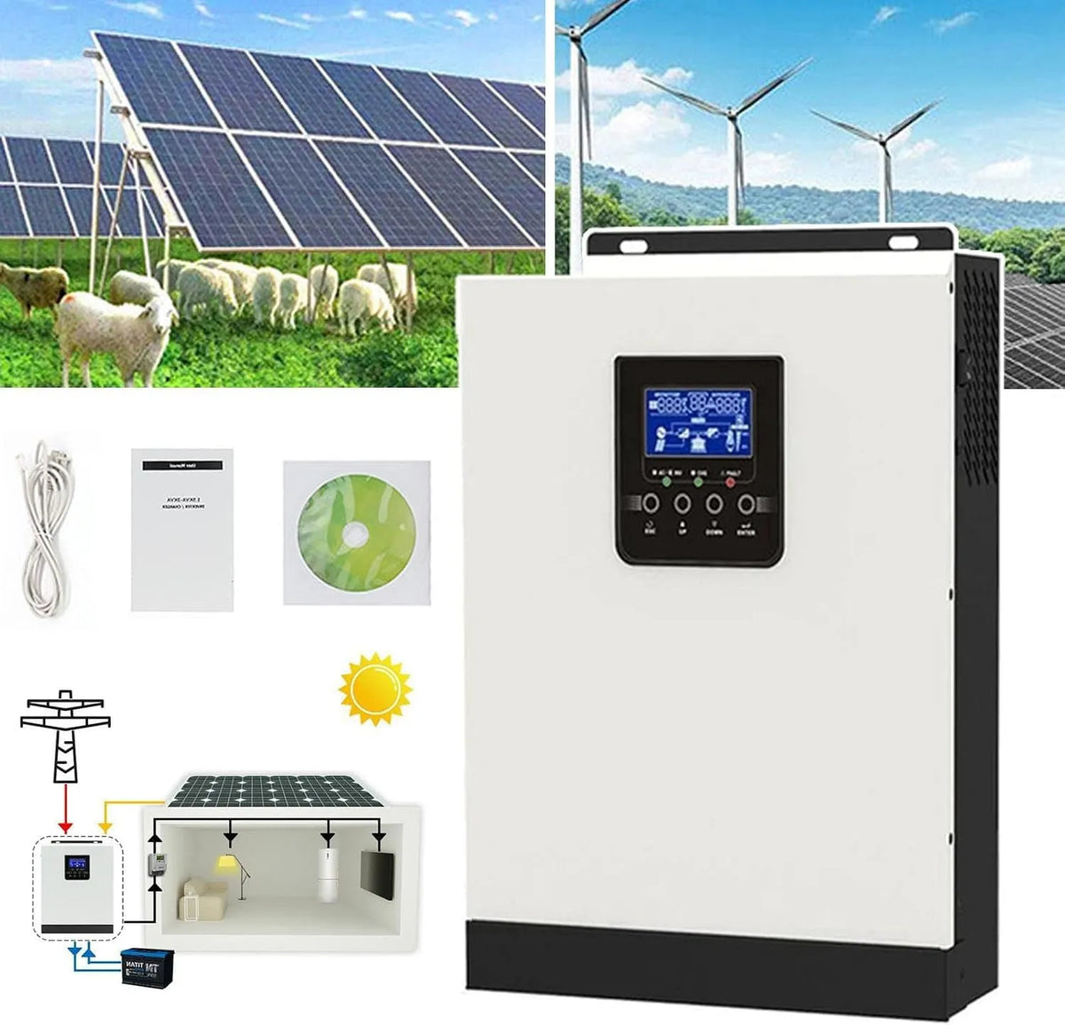 Spanningsomvormer Kva/2400 W-24V Vdc/220Vac met zonne-energie, 3Kva/2400 W-24V Hybride Off-Grid Zonne-Omvormer, Ingang 24Vdc, Uitgang 80Vdc/220Vac