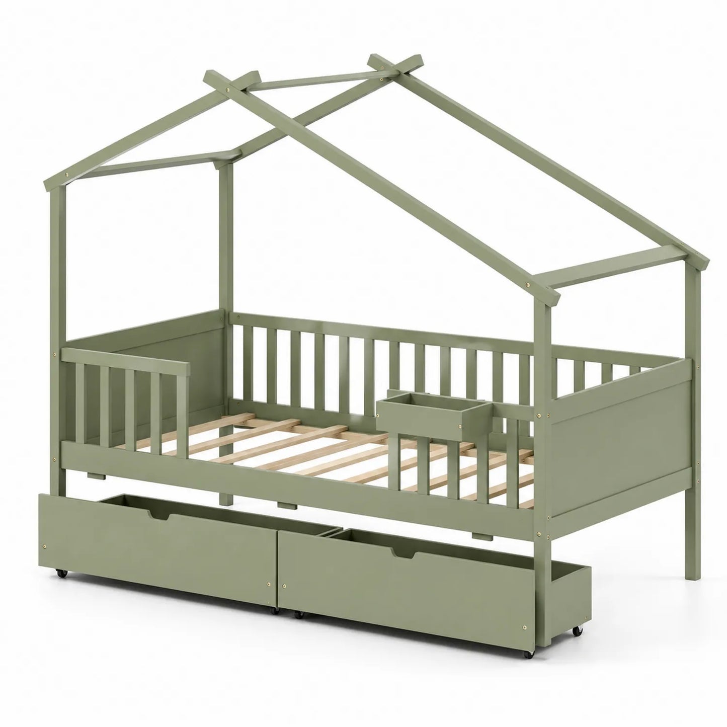 Lit cabane enfant en bois vert avec tiroirs 90x200 cm
