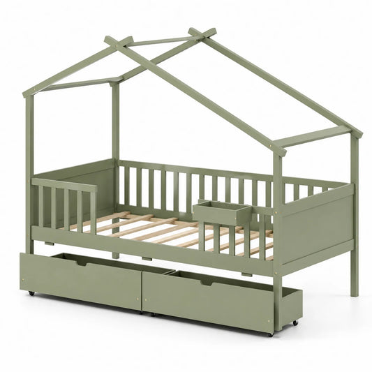 Lit cabane enfant en bois vert avec tiroirs 90x200 cm