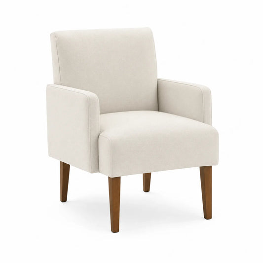 Fauteuil en tissu polyester beige, pieds en bois