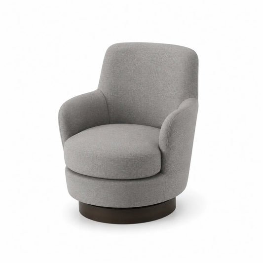 Fauteuil pivotant en tissu polyester gris avec base en bois