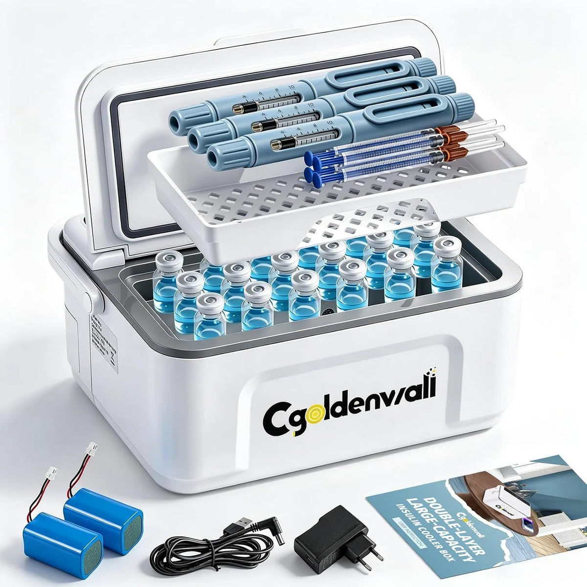 Koelkast, 6 uur, interne capaciteit 19 x 8 x 7 cm, instelling 0-8 °C met een batterij 5 V 13600 mAh, mini-koelkast voor medicijnen