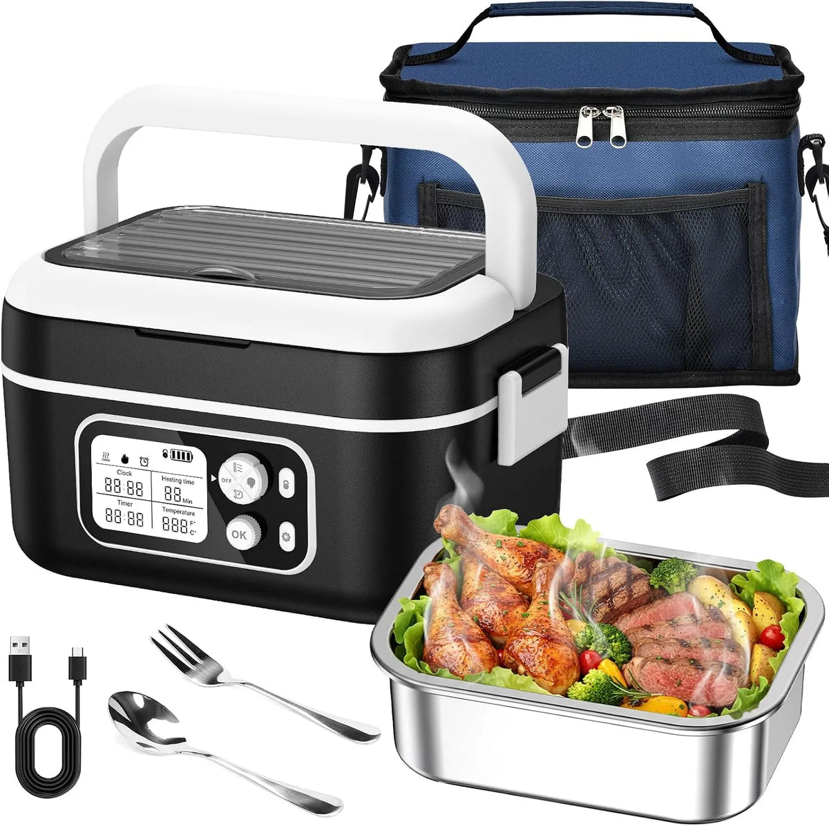 Elektrische lunchbox met 1,5 l, 100 W, RVS en met koeltas en bestek, draagbaar