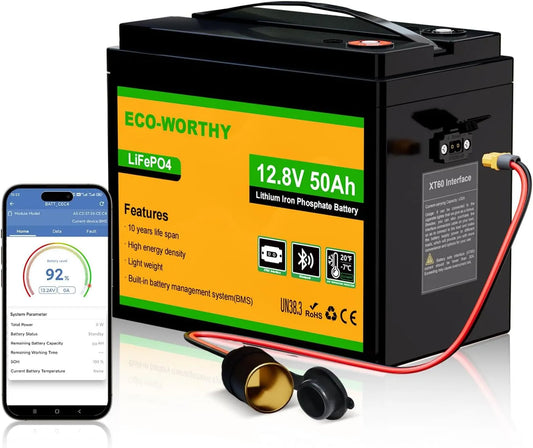 ECO-WORTHY LiFePO4 Accu 12 V 50 Ah Bluetooth BMS lage temperatuur bescherming en 4000-15000 cycli 640 Wh lithiumbatterij voor trolling-motor LiFePO4