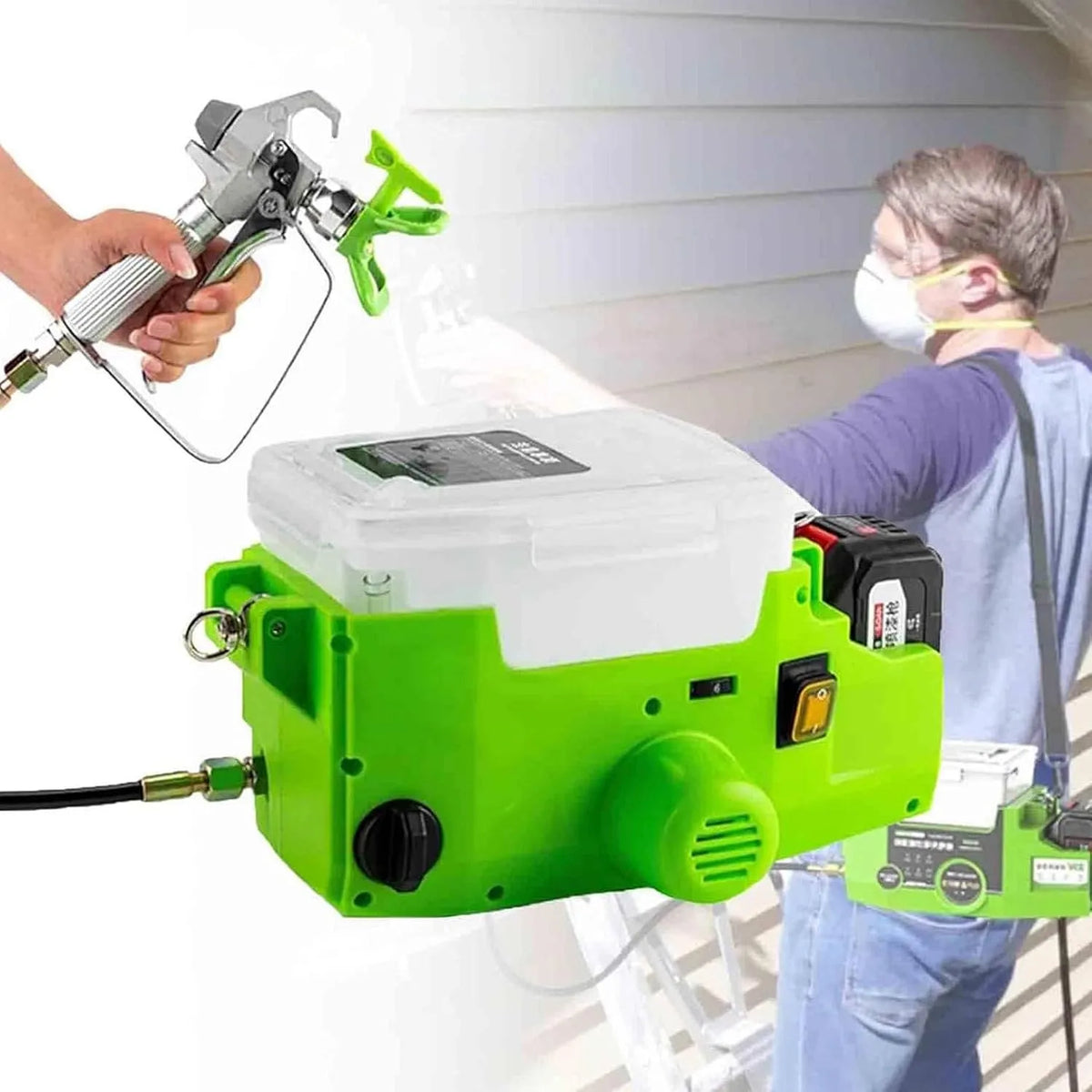 Machine, mobiele uitvoering van 500 W airless spuitmachine, 1,1l/min muurspuitpistool, 1 batterij, groen, 1,7l rugzak handheld airless spuitmachine