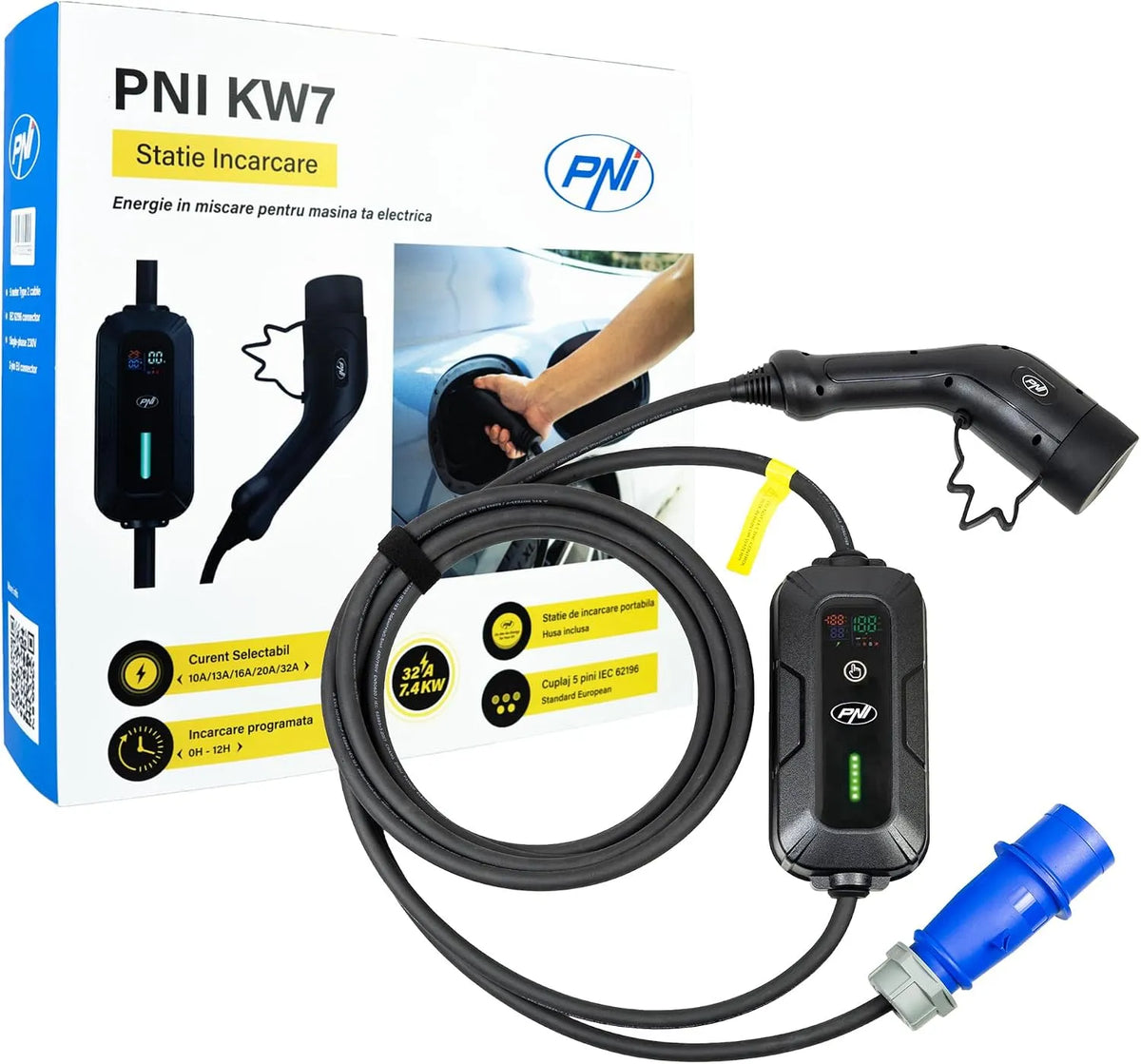 Lader met 32A, 7,4KW, 230V, IP66, Bluetooth en Timer, Type 2-kabel met 5-pins connector