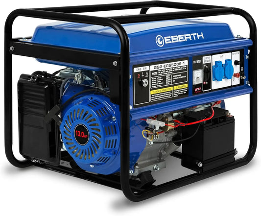 EBERTH Noodstroomaggregaat, 2 x 230 V, 5500 watt, 4-takt, luchtgekoeld, automatische voltregelaar AVR, 1 x 12 V, stroomaggregaat met 13 pk