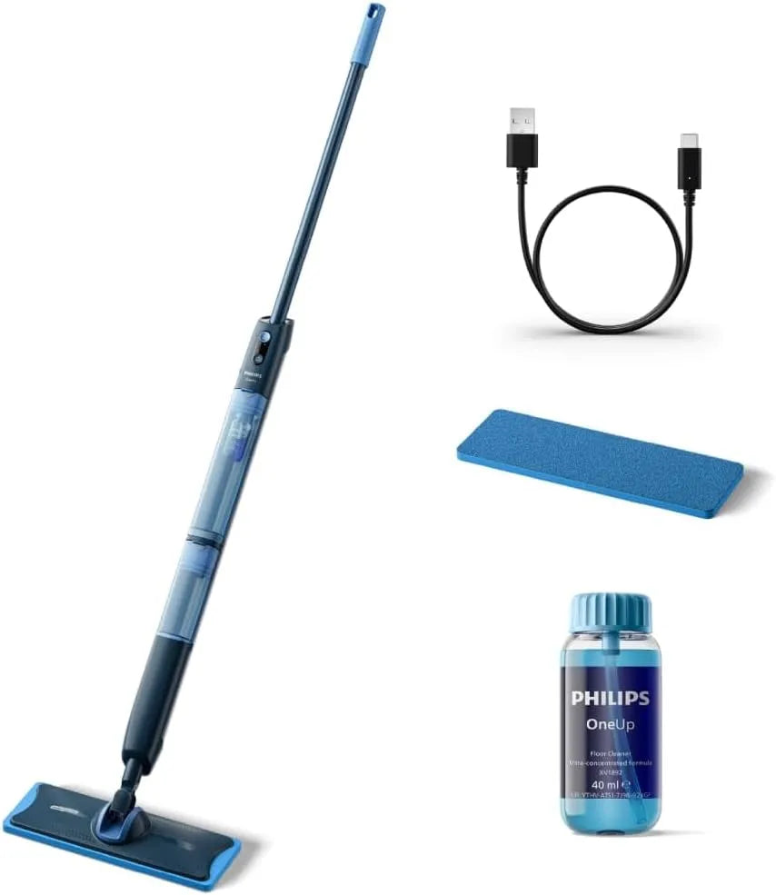 Philips OneUp 5000 elektrische mop met USB, draadloze werking, geluidsarme werking, mop- en vlekreiniging en blauw