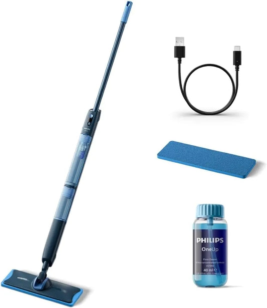 Philips OneUp 5000 elektrische mop met USB, draadloze werking, geluidsarme werking, mop- en vlekreiniging en blauw