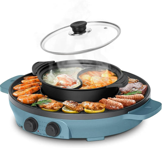 Gelijkmatige verwarming, 2000 W elektrische hotpot en grill, gelijkmatige verwarming met onafhankelijke 39 cm, blauw, elektrische grill 2-in-1