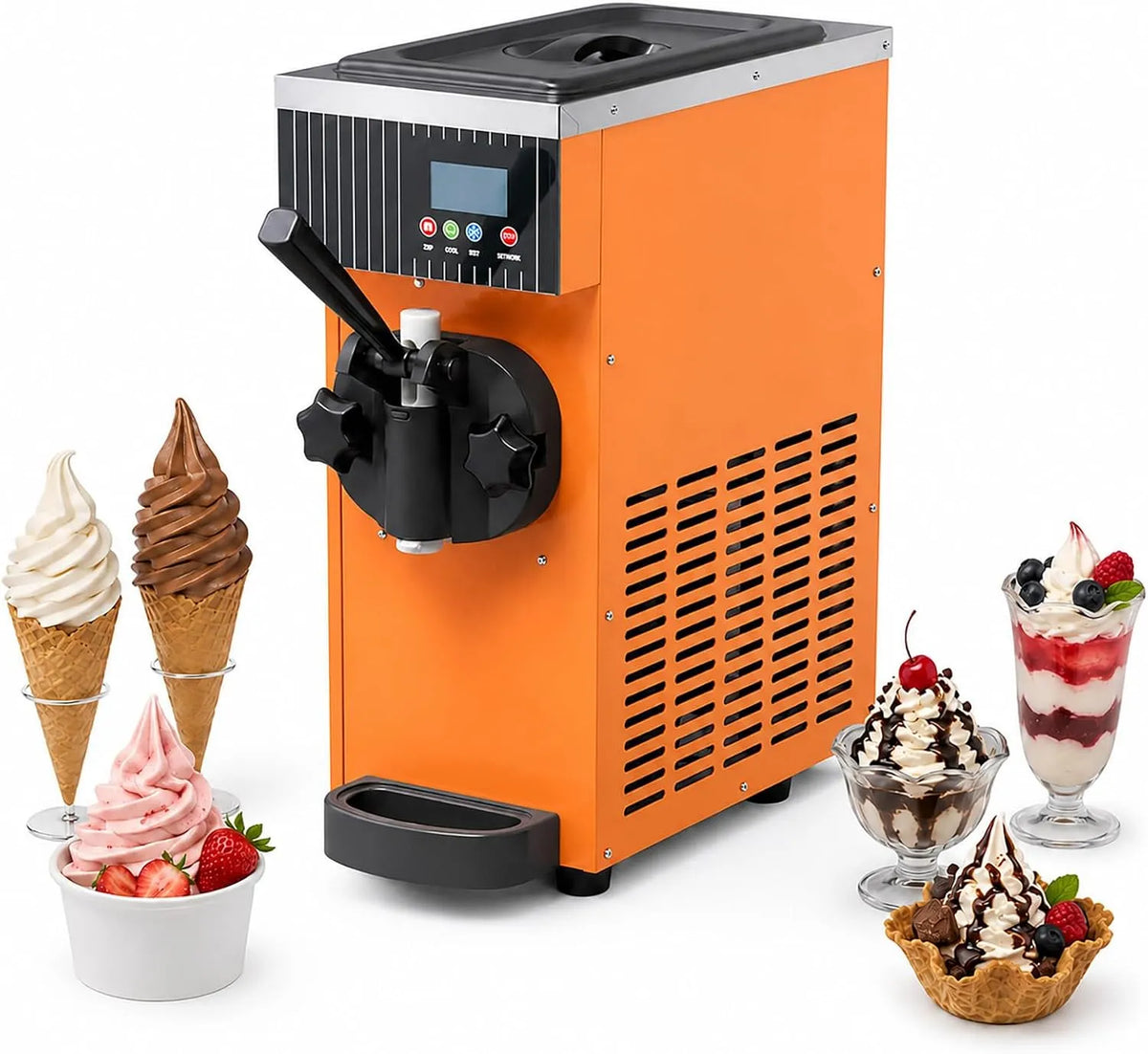 Machine met ijsmachine voor horeca en café, compacte tafeloplossing voor desserts, 110 V, lcd-bedieningspaneel en geel