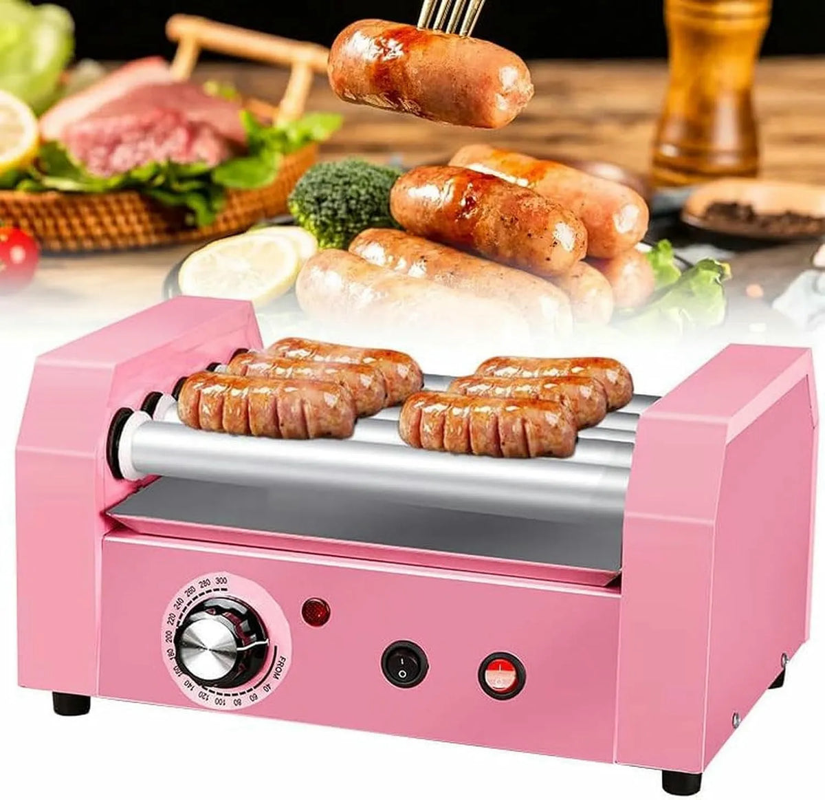 Grill Cooker Machine met 600 W, 35 x 21 x 14 cm, 50 Hz, 50-300 °C, RVS en roze