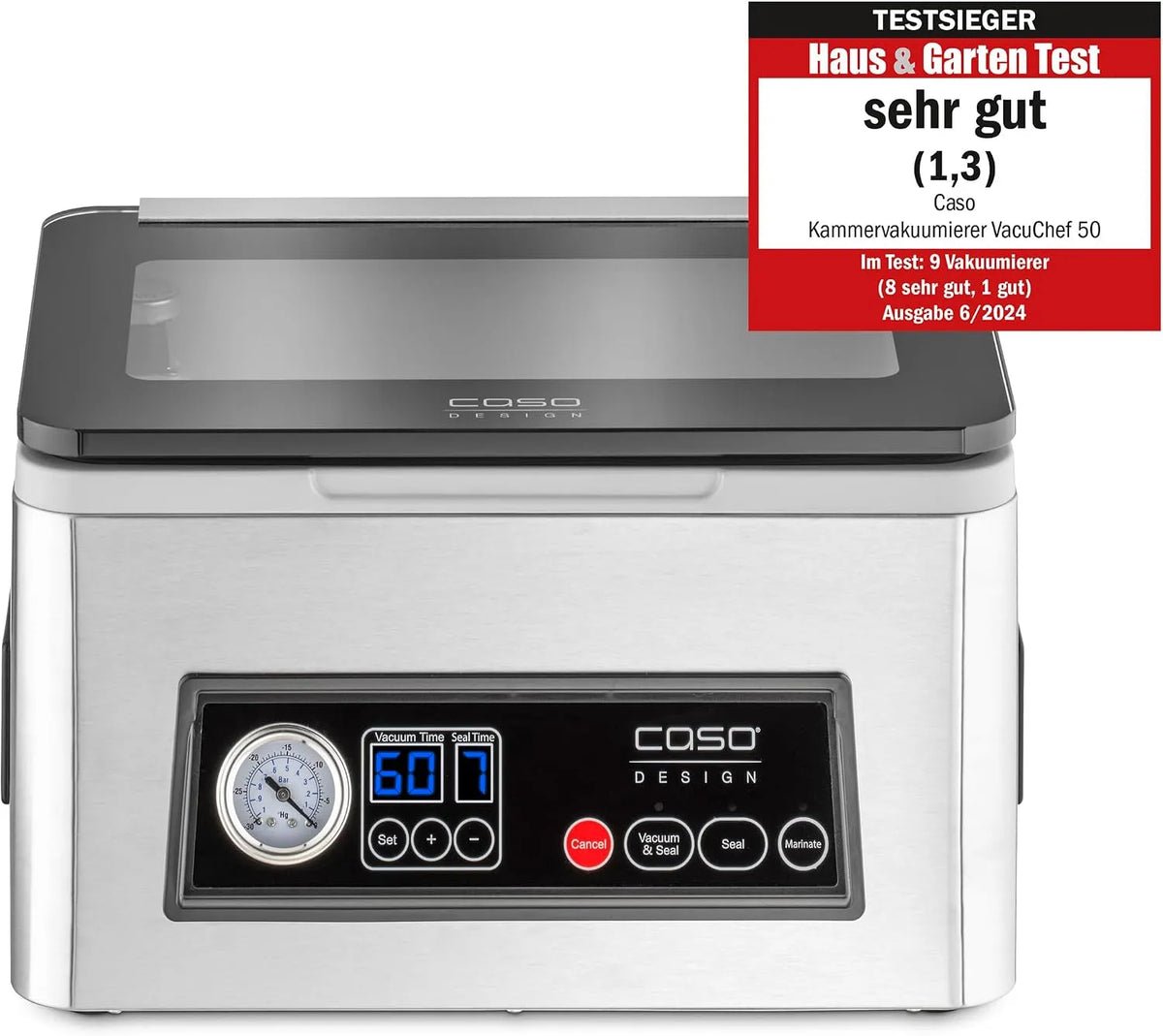 CASO VacuChef 50, 70 l/min, 4 kamervolumes, dubbele lasnaad elk 2 mm, incl. 30 zegelrandzakken, 1416, marineerfunctie, reserveafdichting