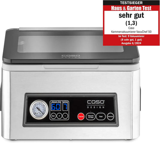 CASO VacuChef 50, 70 l/min, 4 kamervolumes, dubbele lasnaad elk 2 mm, incl. 30 zegelrandzakken, 1416, marineerfunctie, reserveafdichting