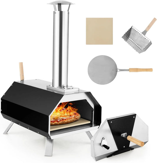 Barbecue, van hout, RVS, draagbaar, met pizzasteen, pizzaschep, voor barbecue, camping