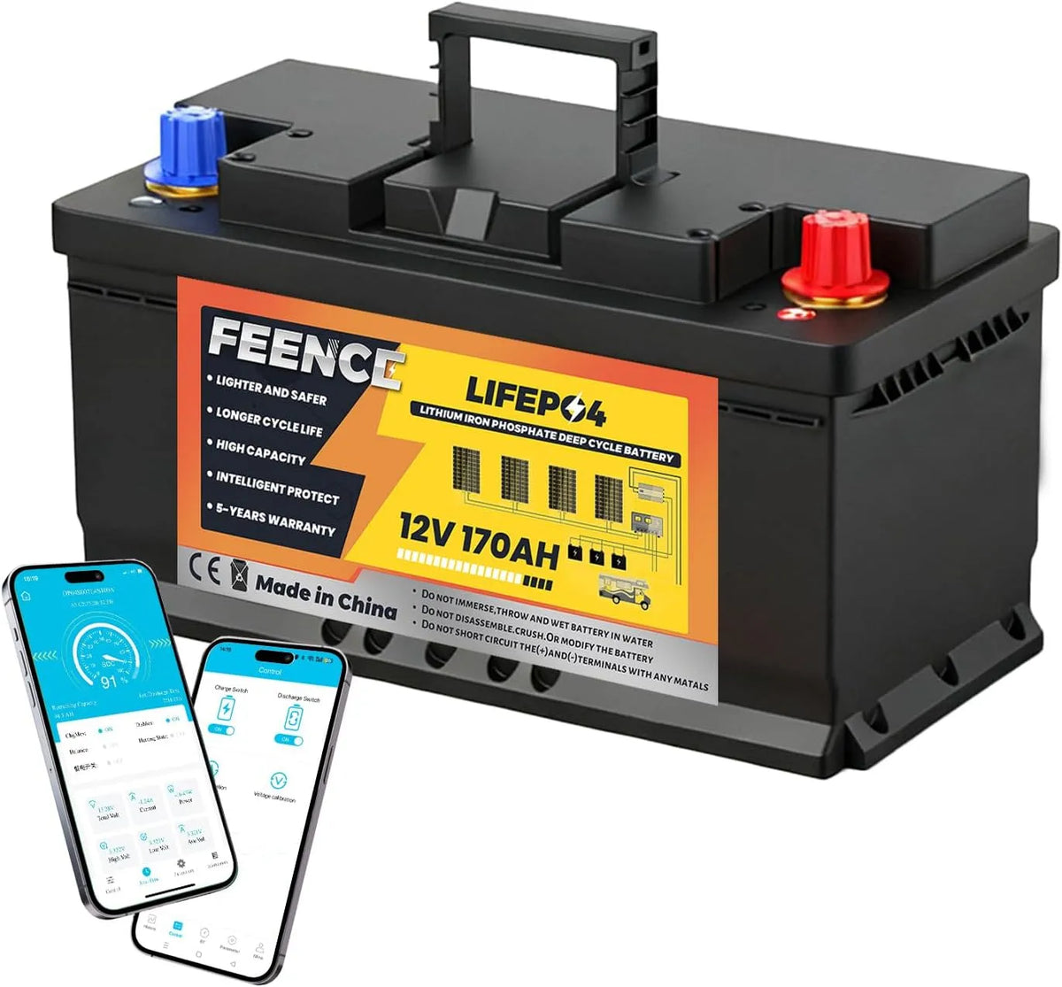 Zonnepaneel, LiFePO4 170 LiFePO4, 12 V, Bluetooth, 2176 Wh autoaccu voor camper, boot, 170 Ah
