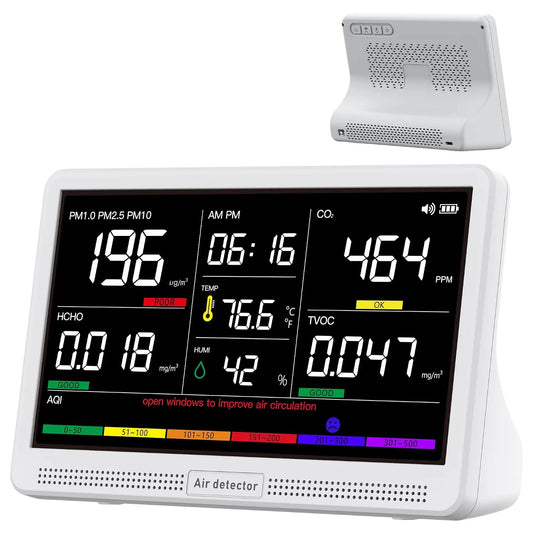 Luchtkwaliteitsmeter CO2-meter met 7 inch, 16-in-1, 12 uur, 3500 mAh, 8 uur, 2500 mAh en geluidsarme werking