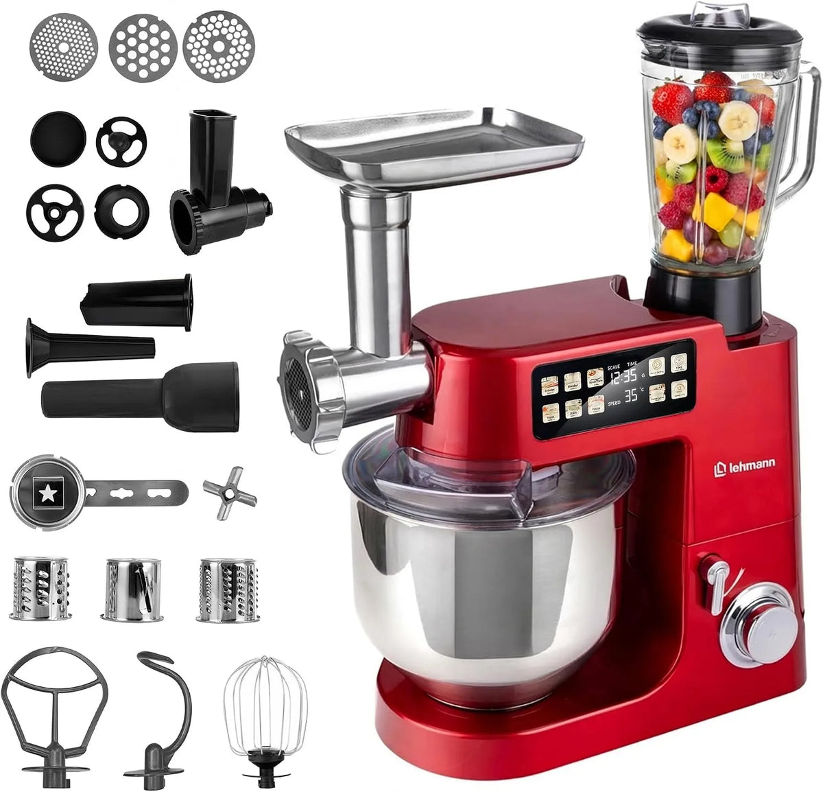 Keukenmachine, 2100 W, 8L, 1,5L, aanraakbediening en Verwarmde Mengkom, Planetaire Mixer voor Brood- en Pizzadeeg, Vleesmolen
