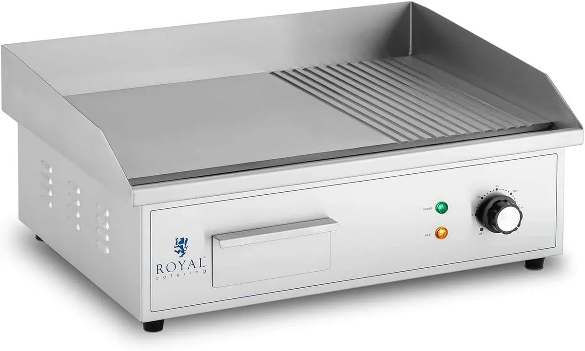 Royal Catering RCPG42-M Elektrische bakplaat 548 x 350 mm Geribbeld + plat 3.000 W Elektrische grill met platte bovenkant RVS RCPG42-M met 548 x 350