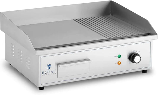 Royal Catering RCPG42-M Elektrische bakplaat 548 x 350 mm Geribbeld + plat 3.000 W Elektrische grill met platte bovenkant RVS RCPG42-M met 548 x 350