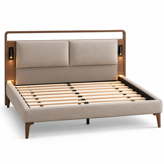 Lit double en bois avec tête de lit rembourrée et éclairage LED intégré, Beige, 200x160 cm