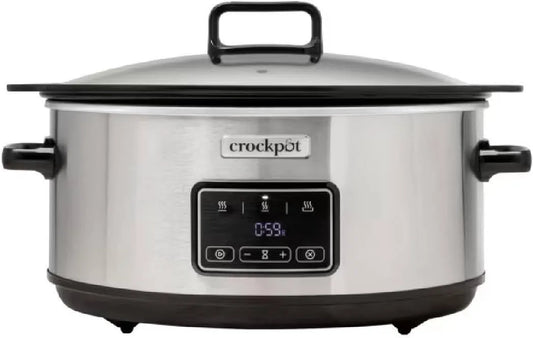 Kookplaat, 2-polig, RVS CSC112X, uitneembare kom, vlees en groenten, 6,5 l 8 personen, Crockpot Sizzle & Stew digitale kookplaat, geschikt