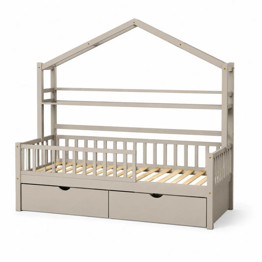 Lit cabane en bois massif avec tiroirs de rangement 90x200 cm Gris