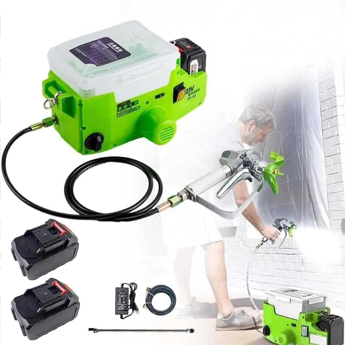 Machine, mobiele uitvoering van 500 W airless spuitmachine, 1,7L rugzak draagbare airless spuitmachine, met 1,5M slang, groen,2batterie, voor binnen