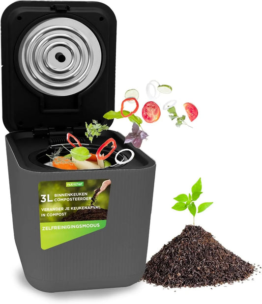 NutriChef Elektrische Keukencomposter met 3 L en grijs, Maal- & Koelfuncties- voor Keukens & Appartementen -3 L-Grijs