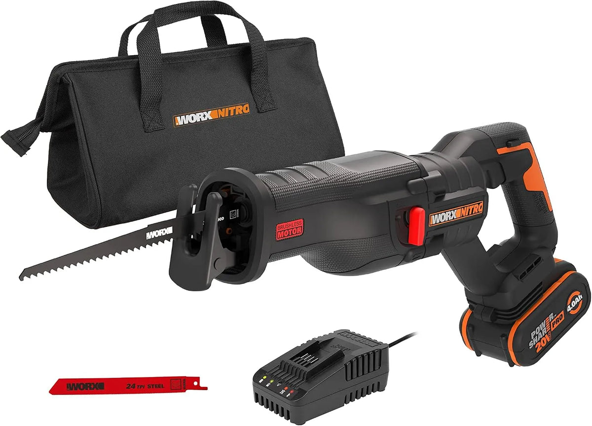 Lader WX516 met incl. 4 Ah accu, krachtige borstelloze motor, 20 V, snellader en 2 zaagbladen en variabele zaagsnelheid, snelle vervanging