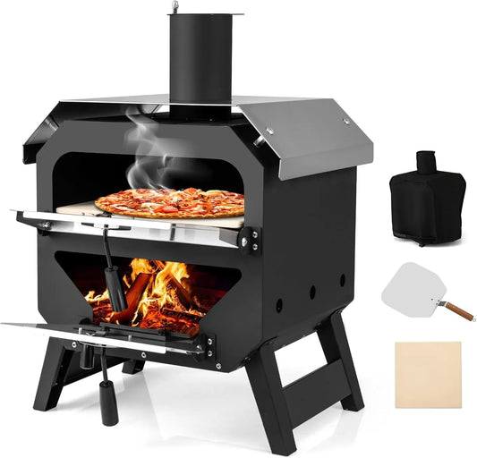 COSTWAY, Barbecue, pizzaoven met pizzaschep, waterdichte afdekking, draagbare brander, BBQ-party, pizzasteen, roestvrijstalen dak en hittebestendige