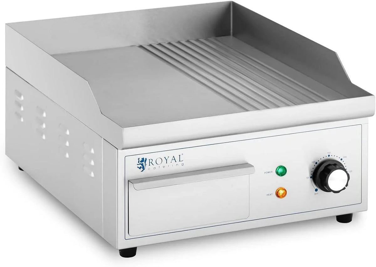Royal Catering RCPG45-M Elektrische bakplaat 360 x 380 mm Geribbeld + plat 2.000 W Elektrische grill met platte bovenkant RVS RCPG45-M met 360 x 380