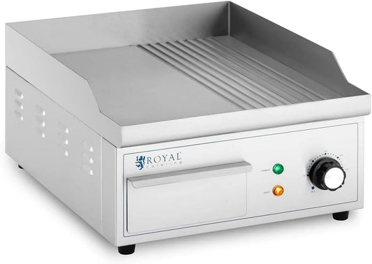 Royal Catering RCPG45-M Elektrische bakplaat 360 x 380 mm Geribbeld + plat 2.000 W Elektrische grill met platte bovenkant RVS RCPG45-M met 360 x 380