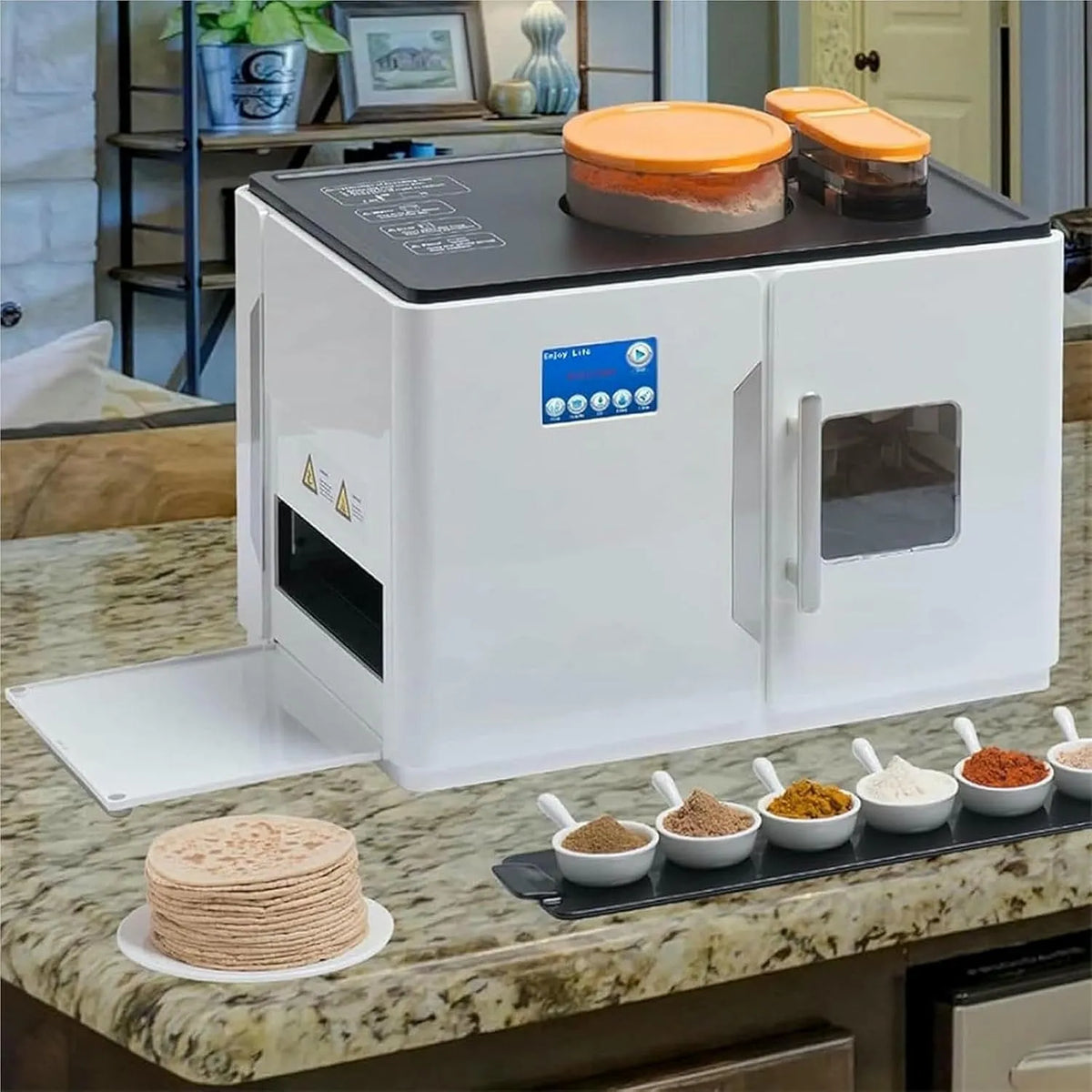 Roti Maker Machine, One-Touch Flip Top Ontwerp, Verstelbare Dikte 1-1.5mm, RVS Body, Automatische Roti Maker Machine, Elektrische Flatbread Cooker